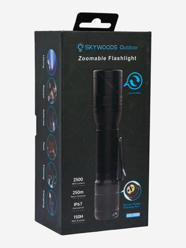 Тактический ручной фонарь Skywoods WILD, 2500 люмен, USB-Type C, IP67, холодный свет